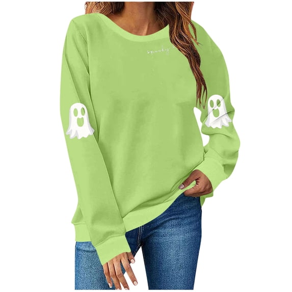 MaFYtyTPR Womens Halloween Printed Sweatshirts Women's Round Neck Printing Long Sleeve Hoodless Fashion Leisure Tops Green M