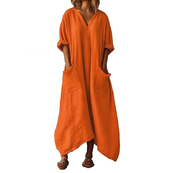MaFYtyTPR Womens Linen Dresses Summer Three-quarter Sleeve Loose V-Neck Pocket Casual Irregular Hem Dress Fashion Solid Color Long Dressse for Women Orange L