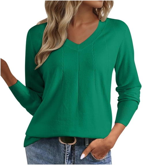 MaFYtyTPR Womens Long Sleeve Tops Fall Fashion Casual V Neck Long Sleeve Lightweight Knit Pullover Sweater Top Green XL