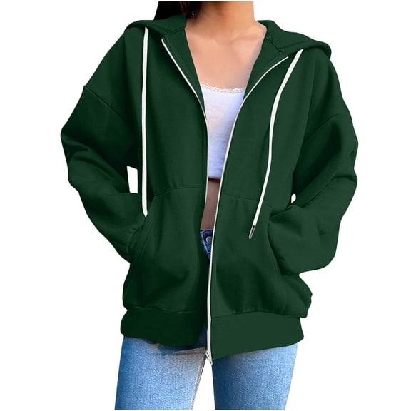 MaFYtyTPR Womens Loose Hooded Coat Fashion Femal Solid Color Zip Long Sleeve Pockets Drawstring Hoodied Tops