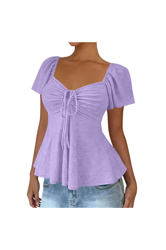 Women's V-Neck Puff Sleeve Top Fashion Tie Front Smocked Ruffle Hem Blouse, Ladies Casual Elegant Summer Tops for Daily Office Purple M