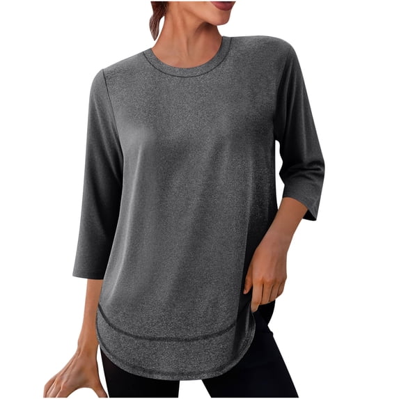 MaFYtyTPR Womens Sports Tops 3/4 Sleeve Fashion Solid Color Round Neck Three Quater Sleeve Comfy Workout Top Dark Gray XL