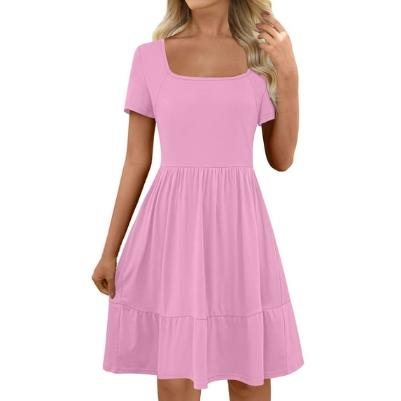 MaFYtyTPRWomen Casual Square Neck Dress Solid Color Short Sleeve Summer Casual Dress on Clearance