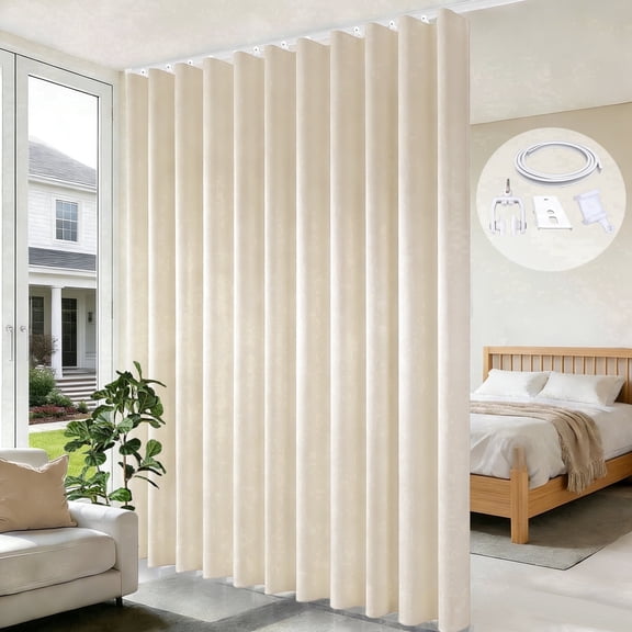 MaKefeile Blackout Curtain Divider with Ceiling Curtain Track for Room Partition,1 Panel Beige Privacy Divider Curtain and White Flexible Track Set