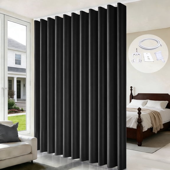 MaKefeile Blackout Curtain Divider with Ceiling Curtain Track for Room Partition,1 Panel Black Privacy Divider Curtain and White Flexible Track Set