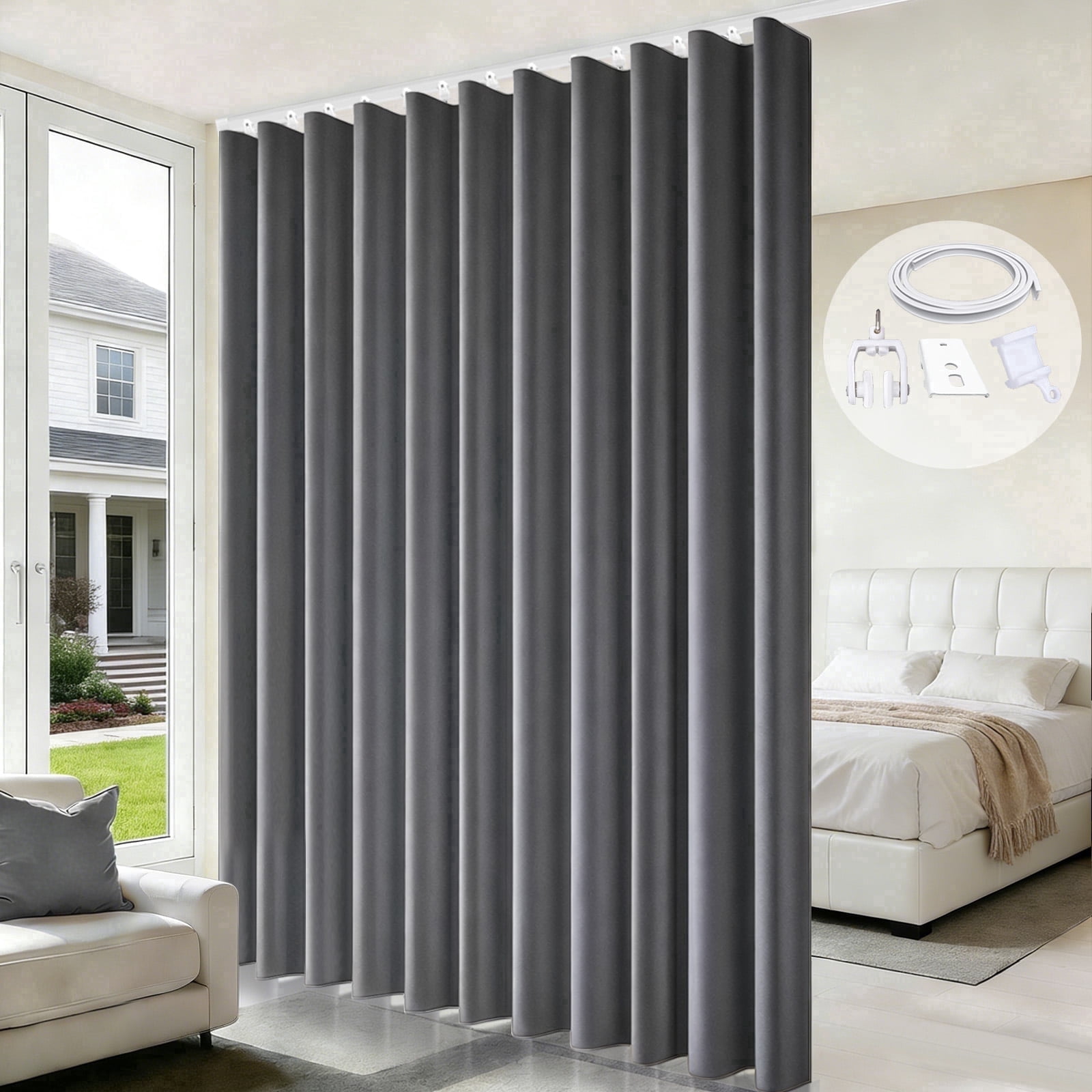MaKefeile Blackout Curtain Divider with Ceiling Curtain Track for Room Partition,1 Panel Gray Privacy Divider Curtain and White Flexible Track Set