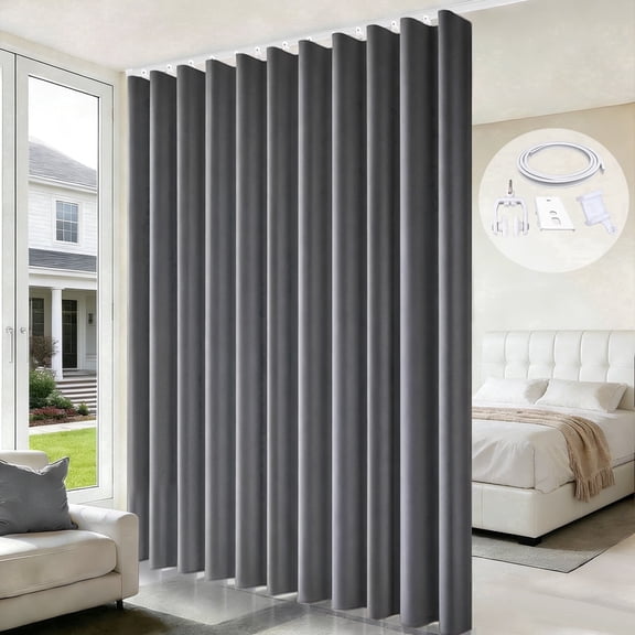 MaKefeile Blackout Curtain Divider with Ceiling Curtain Track for Room Partition,1 Panel Gray Privacy Divider Curtain and White Flexible Track Set