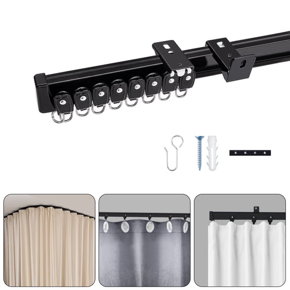 MaKefeile Ceiling Wall Mounted Curtain Track with Hooks Flexible Aluminum Curtain Track Rod Room Divider Curtain Rail Hook Set,Black,12 FT