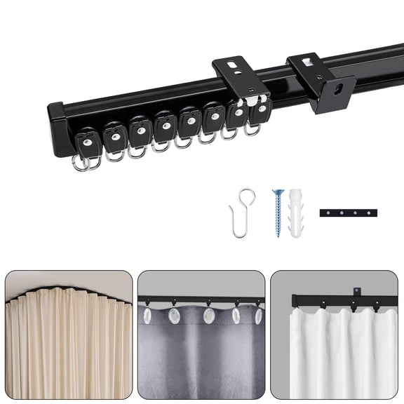 MaKefeile Ceiling Wall Mounted Curtain Track with Hooks Flexible Aluminum Curtain Track Rod Room Divider Curtain Rail Hook Set,Black,6 FT