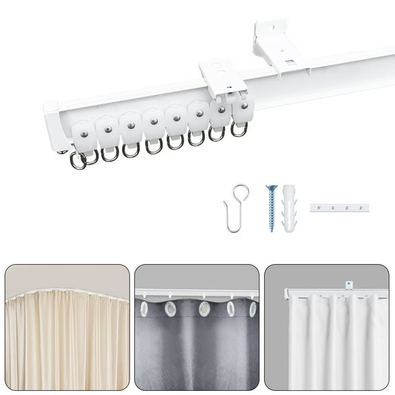 MaKefeile Ceiling Wall Mounted Curtain Track with Hooks Flexible Aluminum Curtain Track Rod Room Divider Curtain Rail Hook Set,White,9 FT