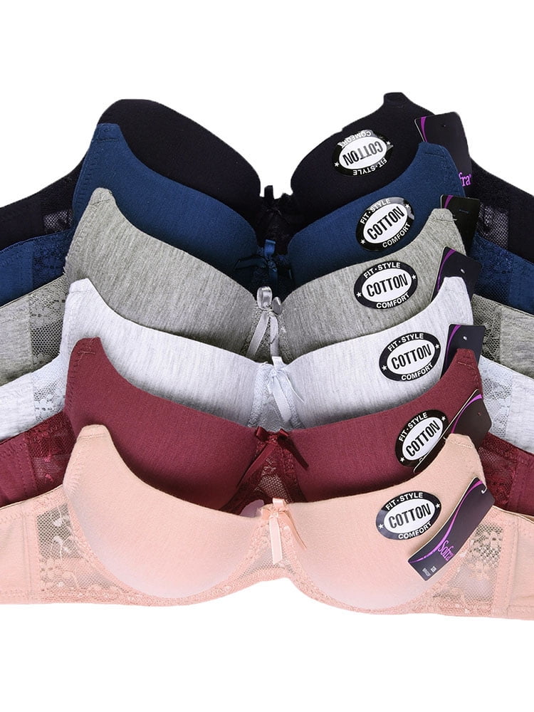 Mamias Women Basic Plain Bras, Pack of 6, Size 34C, BR4326P - Martial Arts Blue