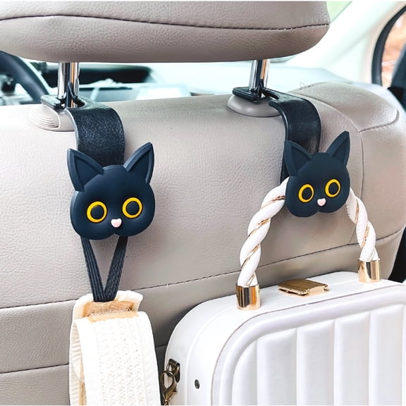 MaPctSy Car Seat Headrest Hooks Cute Cat Black Universal Holder 2-Pack