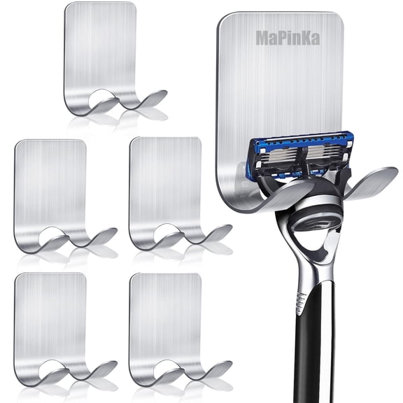 MaPinKa 6 PCS Shower Razor Holder - Waterproof Stainless Steel Self-Adhesive Shaver Holder for Razor, Loofah, Towel, Robe - Bathroom & Kitchen Wall Organizer Hook - Silver