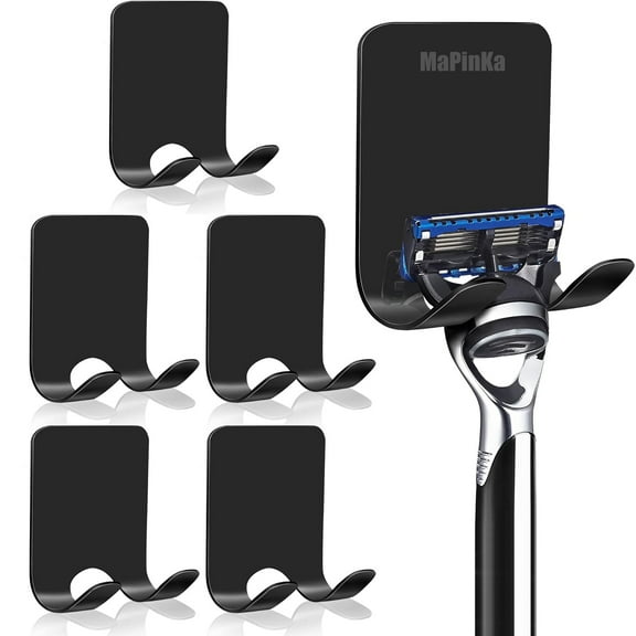 MaPinKa 6 PCS Shower Razor Holder - Waterproof Stainless Steel Self-Adhesive Shaver Holder for Razor, Loofah, Towel, Robe - Bathroom & Kitchen Wall Organizer Hook - Black