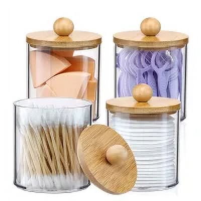 MaPinKa Clear Apothecary Jar Set 3-Pack 10 oz Cotton Swab & Ball Dispenser for Bathroom Vanity, Floss Storage, Makeup Organizer (Round Pads, Plastic Canisters)