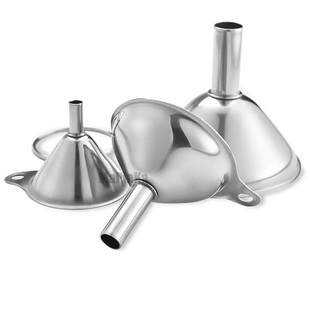 MaPinKa Stainless Steel Funnel Set of 3 - Food Grade Mini Metal Kitchen Funnels for Transferring Oils, Liquids, and Powders - Perfect for Filling Bottles and Cookin