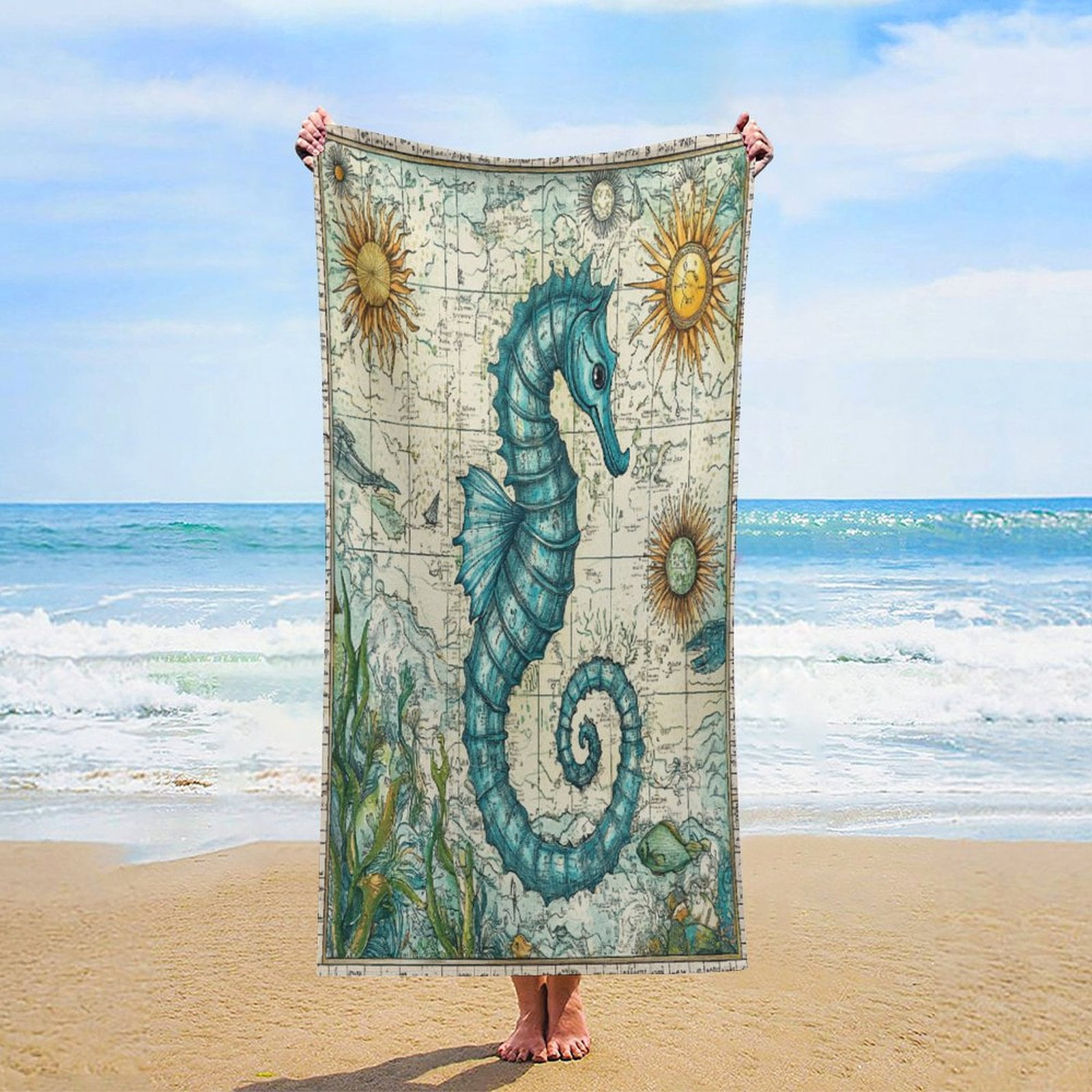 MaSiledy Beach Towels Ocean Coastal Seahorse Beach Blanket Quick Dry Ultra Absorbent Super Soft Ocean Seahorse Thin Sand Free Towels for Kids Adults 30x60 inch