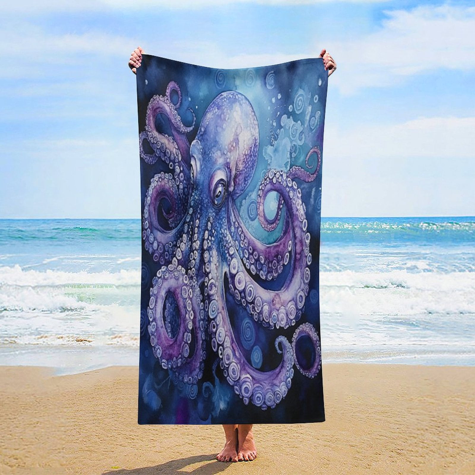 MaSiledy Beach Towels Watercolor Octopus Nautical Coastal Personalized Beach Towels Microfiber Absorbent Quick Dry Octopus Decor Microfiber Sand Free for Kids Adults 30x60 inch