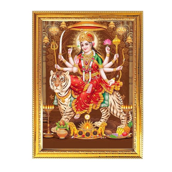 Maa Durga Sitting on Tiger Golden Photo Frame Temple Puja Room 11.8 X 15.7