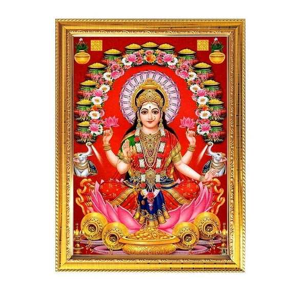 Maa Gaja Lakshmi Goddess Photo With Golden Frame for Indian Pooja Hindu Worship Puja Temple House Warming Religious Wall Table 8.6 X 11