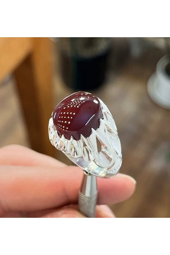 Brown Aqeeq Ring For Men's Natural Yemeni Aqeeq Stone Rings Islamic Rings Natural Agate rings 925 sterling silver jewelry Ring for Men,New Year Anniversary Gift