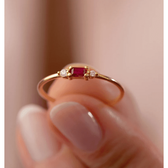 Maa Karni Minimalist Natural Ruby Simple Delicate Promise Ring for Her, Dainty Baguette Stackable Ring, Red Ruby July Birthstone Stacking Ring