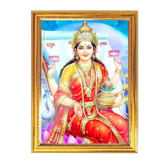 Maa Laxmi Goddess Photo With Golden Frame for Indian Pooja Hindu Worship Puja Temple House Warming Religious Wall Table 8.6 X 11