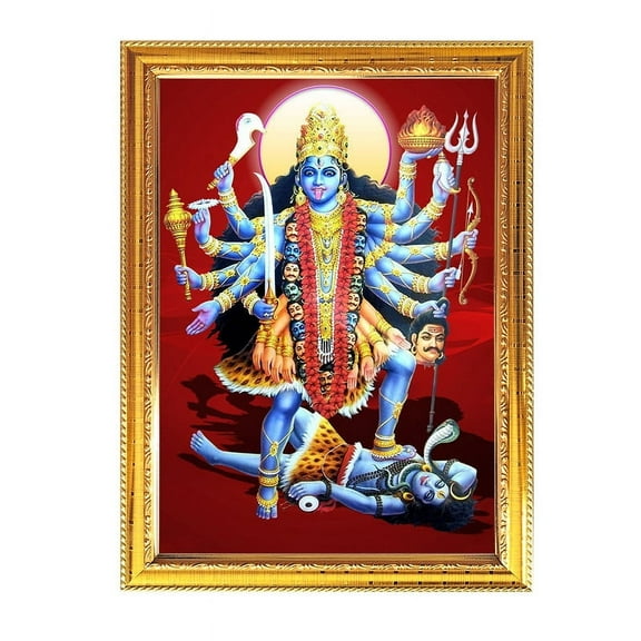 Maa MahaKali Hindu Goddess Photos With Golden Wooden Frame For Pooja Indian Religious Rituals, Personal Devotions 8.6 X 11