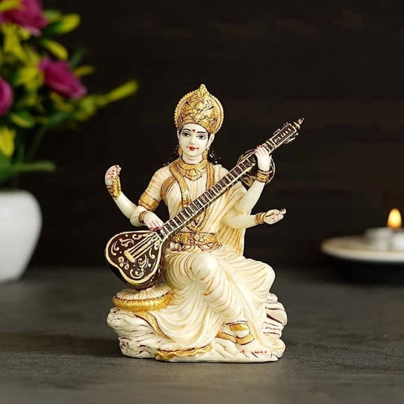 Maa Sarasvati Idol Playing Veena – Decorative Sculpture for Home, School, Office, Pooja Room & Festival Décor