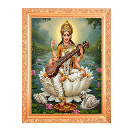Maa Saraswati Devi Alluring Art Digital Print Photo In Wallhanging Artwork Frame {11 x 14 Inches} OR {27.94 X 35.56 Cm's} Religious Gifting