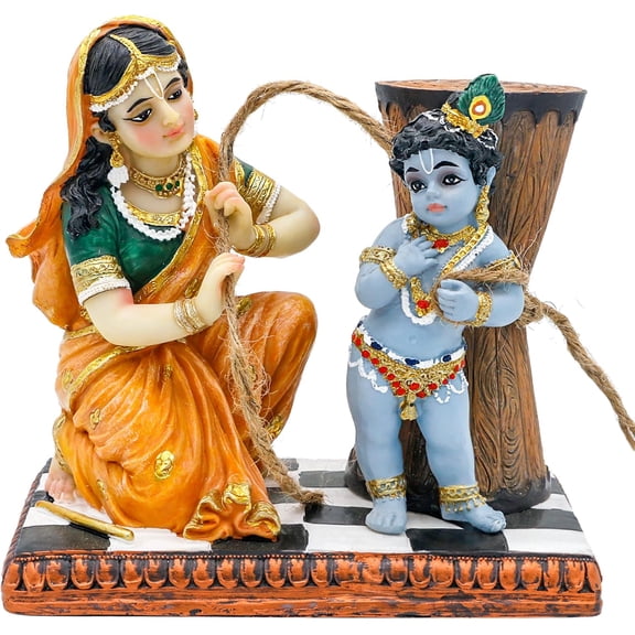 Maa Yashoda Binding Krishna Murti - Divine 5.1" Hindu God Lord Krishna Statue Hand Painted Polystone Sculpture Indian Diwali Gifts Pooja Item Office Home Temple Mandir Puja Decor