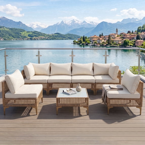 MaagorVita 7 Pcs Outdoor Patio Furniture Set, Modular Outdoor Sectional, Modern Rattan Wicker Sofa Set with Coffee Table and Washable Thick Cushions, Beige Cushion