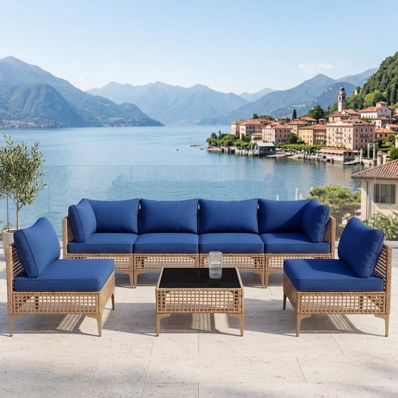 MaagorVita 7 Pcs Outdoor Patio Furniture Set, Modular Outdoor Sectional, Modern Rattan Wicker Sofa Set with Coffee Table and Washable Thick Cushions, Blue Cushion