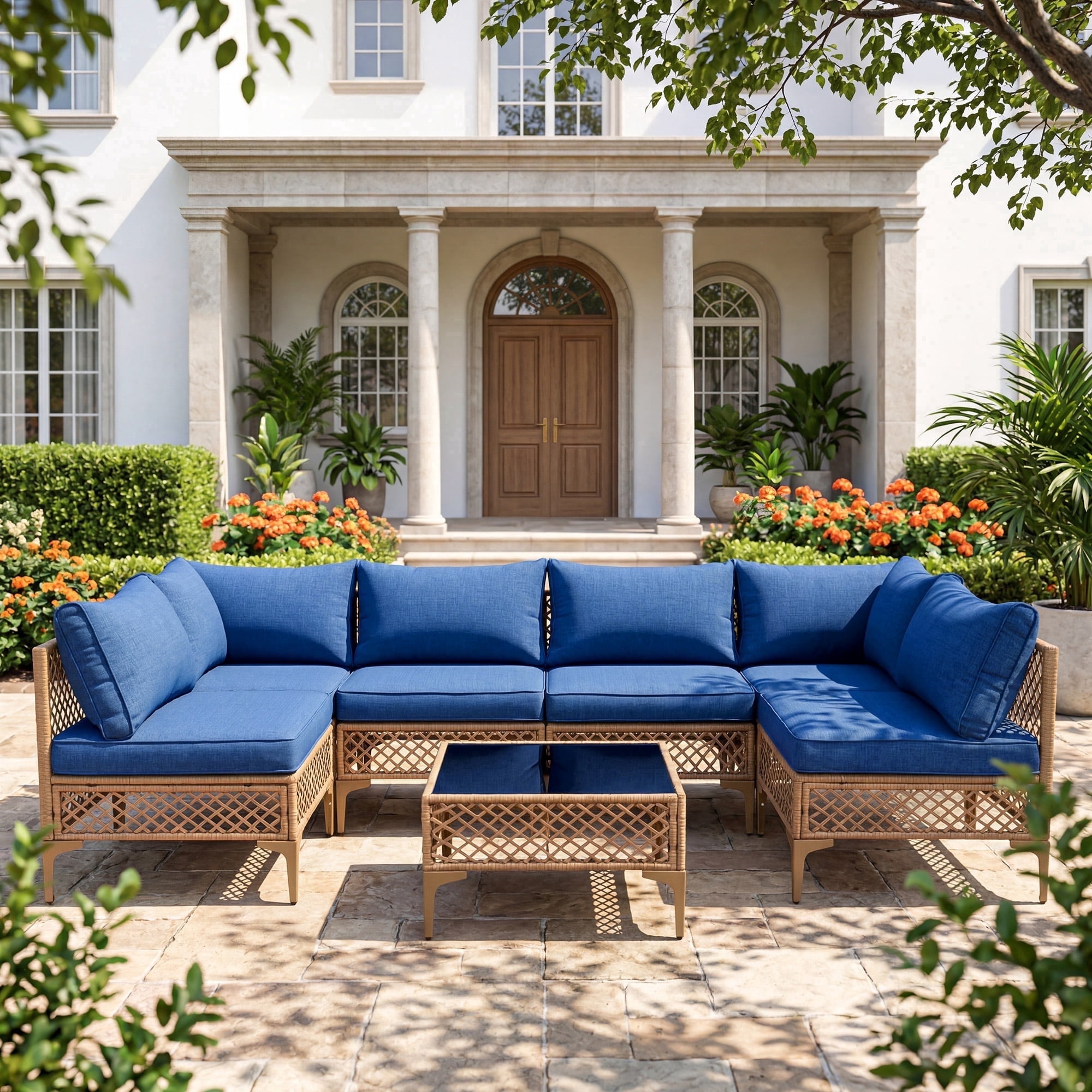 7Pcs Outdoor Patio Furniture Set, Modular Outdoor Sectional, Modern Rattan Wicker Sofa Set with Coffee Table and Washable Thick Cushions, Blue Cushion at Walmart