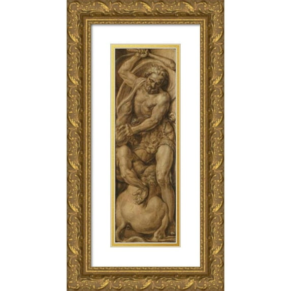 Maarten Van Heemskerck 10x24 Gold Ornate Framed and Double Matted Museum Art Print Titled - Hercules Destroying the Centaur Nessus (C. 1550 - C. 1560)