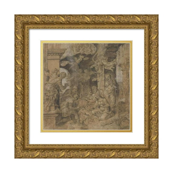 Maarten Van Heemskerck 12x13 Gold Ornate Wood Frame and Double Matted Museum Art Print Titled - The Adoration of the Shepherd (ca. 1532-37)