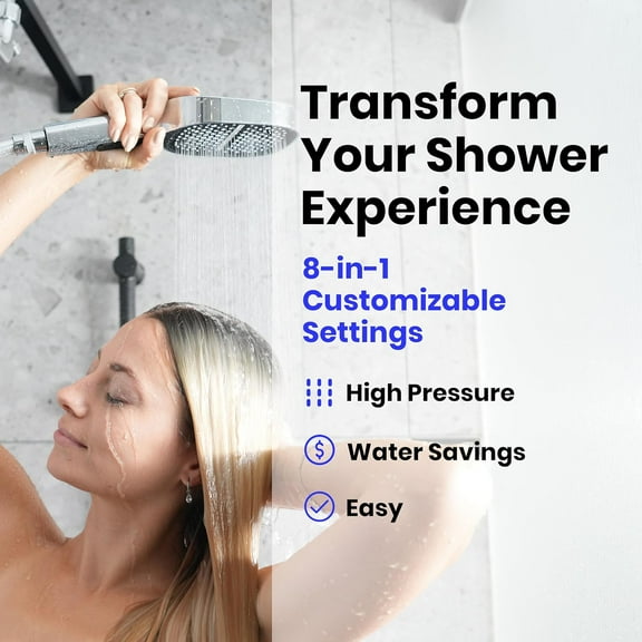 Maas & Bath 8-in-1 Chrome Shower Head - Handheld ShowerHead, Hose & Bracket Kit with 8 Customizable Spray Button Settings, High Water Pressure Square ShowerHead with Water Saving Design