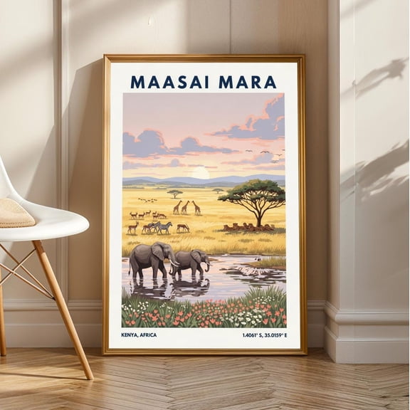 Maasai Mara Safari Art Print: Vintage African Wildlife Landscape, Unframed Poster Size 8x12