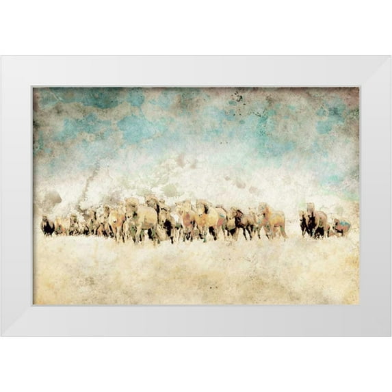 Mabat, Ynon 32x23 White Modern Wood Framed Museum Art Print Titled - Roaming Horses