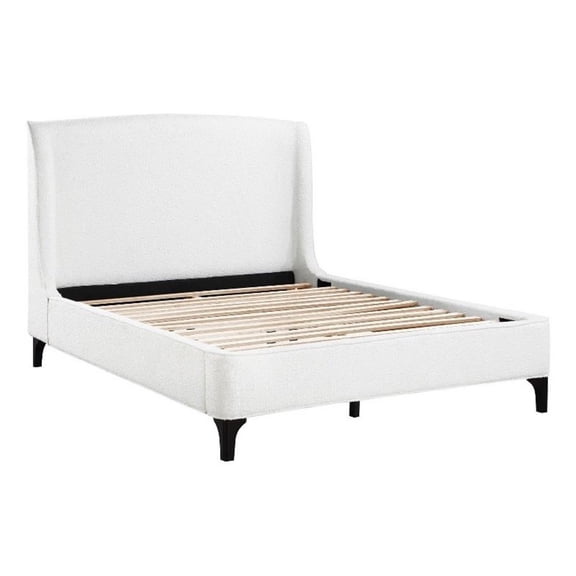 Benjara Mabe King Size Bed- Wingback Curved Headboard- White Fabric Upholstery