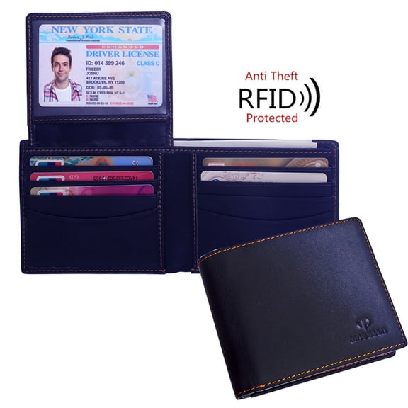 Mabella Genuine Leather Bifold Black Wallet RFID Blocking ID Credit Card Travel Anti Theft Gift for Men