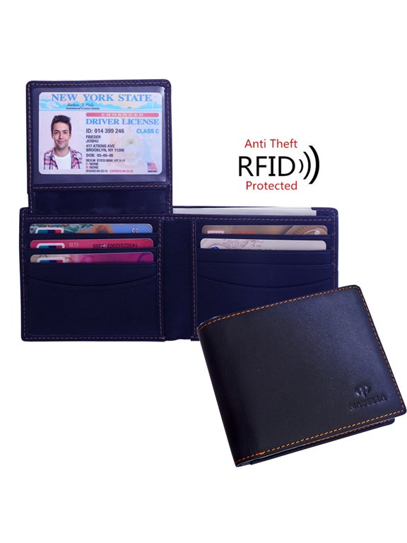 Genuine Leather Bifold Black Wallet RFID Blocking ID Credit Card Travel Anti Theft Gift for Men