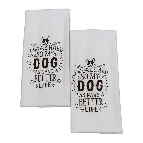 Mabelle Collection Work Hard for Dog Kitchen Towel Set, 2 Cotton Dish Towels