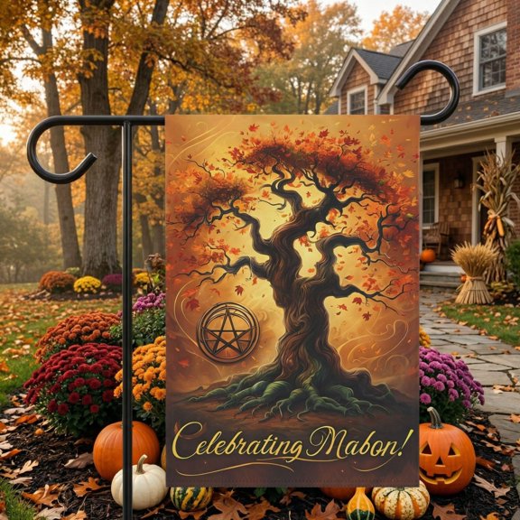 Mabon Garden Flag Autumn Tree with Pentacle Pagan Fall Decor Witchy Sabbat Banner