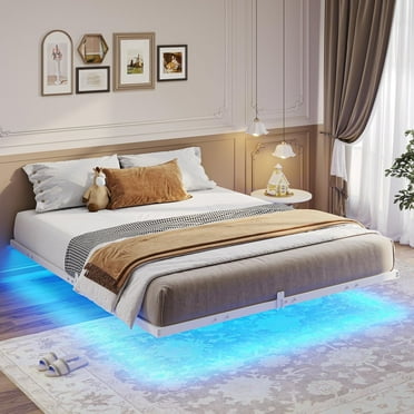 Mabor White Floating Bed Frame Full Size Metal Platform Bed with LED Lights for Bedroom, No Box Spring Needed