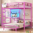 thumbnail image 1 of Mabor Bunk Bed Twin Over Twin Size with Desk Metal Bunk Bed Frame with LED Lights & Charging Station, Twin Loft Bed with Storage Shelves and Drawers, Safety Guardrail and Ladder, Pink, 1 of 9