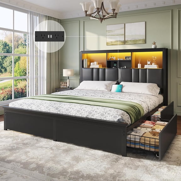 Mabor California King Size Bed with 4 Drawers,Bed Frame with Upholstered Bookcase Headboard & Hidden Storage,Cal King Bed Frame with LED Light and Charging Station,Heavy-Duty Metal Platform Bed,Black