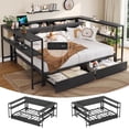 thumbnail image 1 of Mabor Corner Bed Frame Full Size Daybeds with 2 Drawers & Charging Station, Full Metal Platform Bed Frame with Storage Shelves for Bedroom Guest Room, Black, 1 of 9