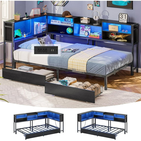 Mabor Corner Bed Frame Twin Size with 2 Drawers and Storage Bookcase, Twin Daybed with Charging Station & Led Lights, Metal Platform Beds for Living Room Bedroom, Black