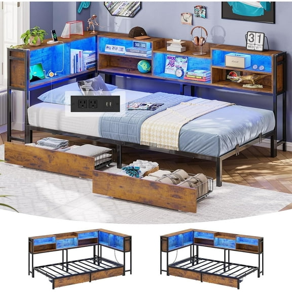 Corner Bed Frame Twin Size Metal Platform Beds with 2 Drawers & Charging Station & Led Light, Twin Daybed with Bookcase Storage for Living Room Bedroom, Rustic Brown